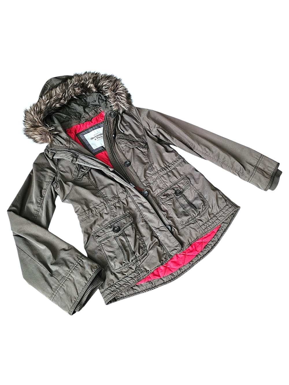 Abercrombie & Fitch Army Green Utility Jacket w/ Faux Fur Hood - Size L - Picture 2 of 14